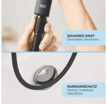 Detailansicht einer Armatur mit gerändelter Oberfläche für sicheren Griff und Rundumschutz durch eine weiche, kratzfeste Oberfläche