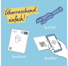 Illustration von Installationsanleitung, Werkzeug und Anleitungsvideo für Armaturen