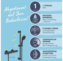Grohe Duschsystem Eigenschaften: Strahlart, Wassersparfunktion, flexible Höhe, Temperatursperre und Wasserspar Knopf zur Durchflussbegrenzung.