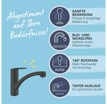 Armatur mit Produkteigenschaften: Sanfte Bedienung, blei- und nickelfreie Wasserwege, 140 Grad Rotation und tiefer Auslauf