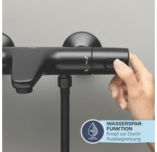 Schwarze Duscharmatur mit Wassersparfunktion und Hand, die einen Knopf drückt