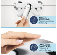 Grohe Logo, Armatur mit Grohe SilkMove Funktion für sanfte Bedienung und Grohe Long-Life Finish für eine langlebige Oberfläche