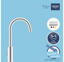 Grohe Wasserhahn mit Hinweisen zu deutscher Entwicklung, Garantie und QuickTool