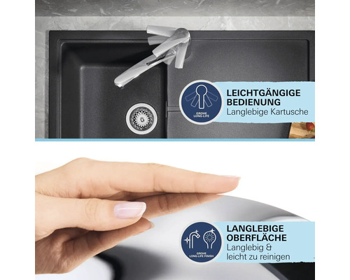 Spültischarmatur mit leichtgängiger Bedienung und langlebiger Kartusche sowie langlebiger und leicht zu reinigender Oberfläche