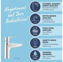Produktbild einer Armatur mit Hinweisen zu Auslauf, Wassersparfunktion und Bedienung.