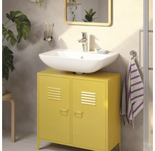 Badezimmer mit Waschbecken, gelbem Unterschrank und Spiegel
