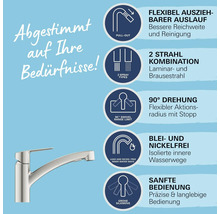 Produktmerkmale einer Küchenarmatur: flexibler Auslauf, zwei Strahlarten, 90 Grad Drehung, blei- und nickelfreie Wasserwege, sanfte Bedienung