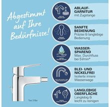 Armatur mit Ablaufgarnitur, sanfter Bedienung, Wassersparfunktion, blei- und nickelfreien Wasserwegen und langlebiger Oberfläche