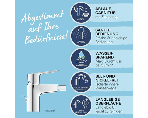 Armatur mit Ablaufgarnitur, sanfter Bedienung, Wassersparfunktion, blei- und nickelfreien Wasserwegen und langlebiger Oberfläche