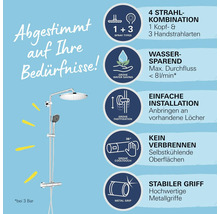 Duschsystem mit Kopf- und Handbrause und den Hinweisen: vier Strahlarten, wassersparend, einfache Installation, kein Verbrennen, stabiler Griff