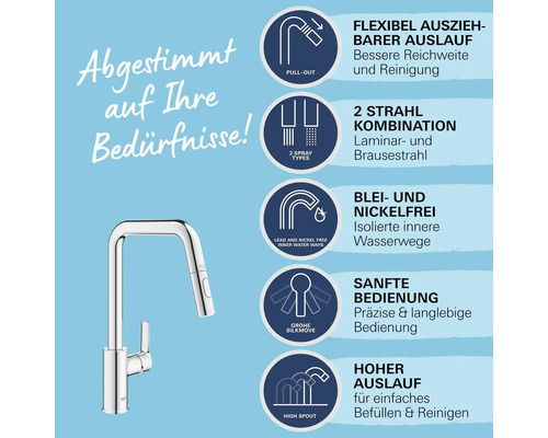 Küchenarmatur mit ausziehbarem Auslauf, zwei Strahlarten, blei- und nickelfreien Wasserwegen, Grohe SilkMove Technologie und hohem Auslauf.