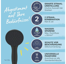 Brausekopf mit zwei Strahlarten, Wassersparfunktion und Silikonumrandung