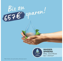 Symbol für Wassersparen mit maximalem Durchfluss und Hinweis bis zu 657 Euro zu sparen.