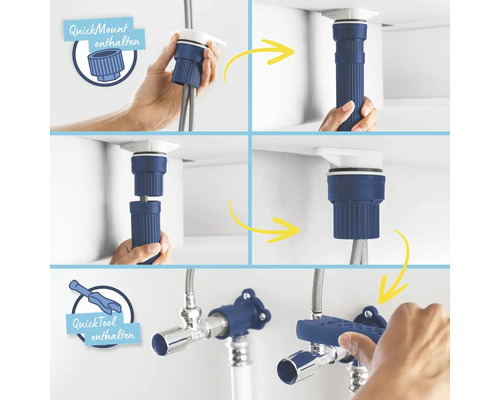 Montageanleitung für ein Siphon mit Schnellmontagesystem und Werkzeug