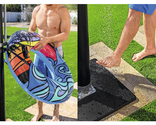 Außendusche mit Person und Schwimmring im Garten