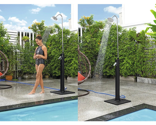 Außendusche neben einem Pool mit Frau unter dem Wasserstrahl