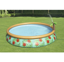 Aufblasbarer Bestway Fast Set Pool mit Palmensprinkler im Garten.