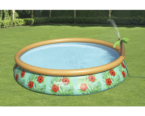 Aufblasbarer Bestway Fast Set Pool mit Palmensprinkler im Garten.