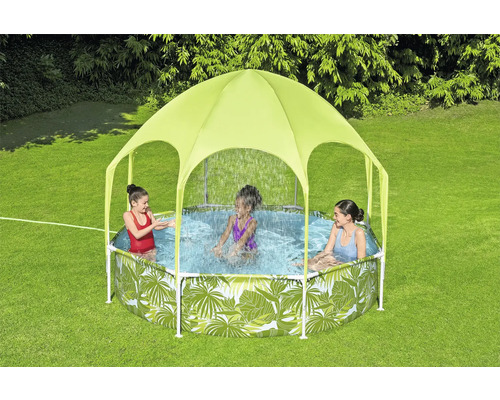 Kinderpool mit Blätterdesign und Sonnenschutzdach im Garten mit spielenden Kindern
