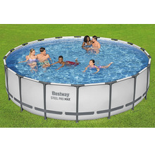 Aufstellpool mit Stahlrahmen und Badegästen im Garten.