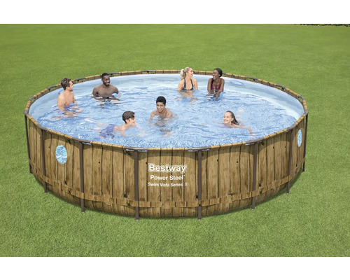 Bestway Power Steel Swim Vista Series II Aufstellpool mit Personen im Garten.