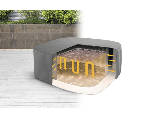 Querschnitt einer aufblasbaren Whirlpool-Abdeckung mit Wärmerückhaltung durch Pfeile dargestellt