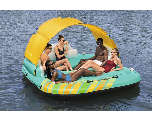 Aufblasbare Badeinsel mit Sonnendach für fünf Personen auf dem Wasser.