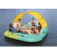 Aufblasbare Badeinsel mit Sonnendach für mehrere Personen auf dem Wasser.