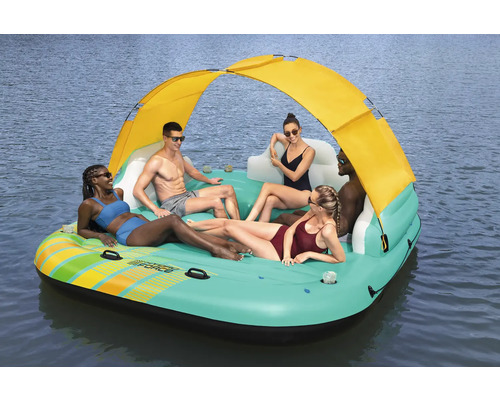 Aufblasbare Badeinsel mit Sonnendach für mehrere Personen auf dem Wasser.