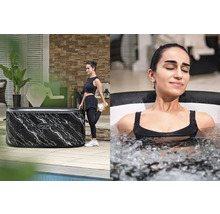 Lay-Z-Spa Ice Bath mit Frau beim Dehnen und Frau im Eisbad