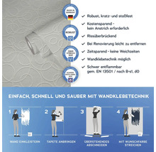 Tapetenrolle mit Anwendungsanleitung und Produkteigenschaften wie Robustheit, Rissüberbrückung und schwer Entflammbarkeit gemäß EN 13501