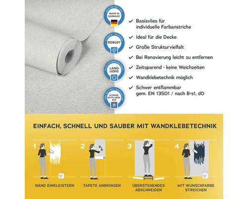 Vliestapete mit Anwendungsanleitung und Produkteigenschaften
