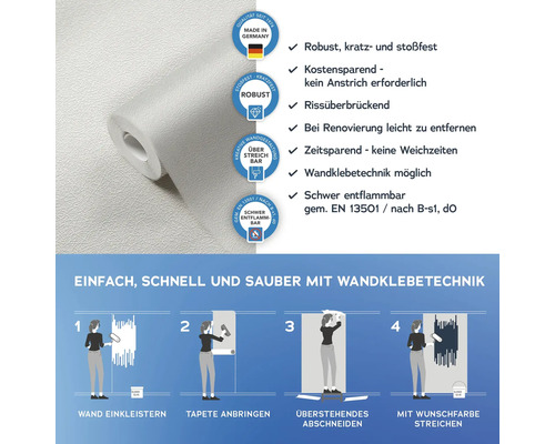 Weiße Tapetenrolle mit Anwendungsanleitung und Qualitätsmerkmalen