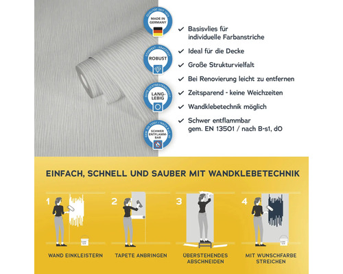 Vliestapete mit Anwendungsanleitung und Produkteigenschaften