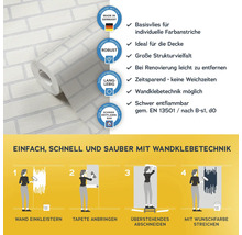 Tapetenrolle mit Ziegelmuster und Informationen zu Eigenschaften und Anwendung