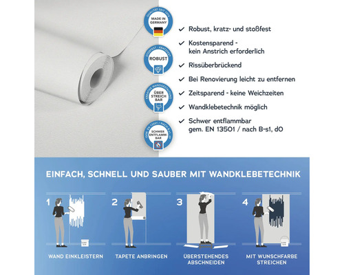 Tapetenrolle mit Informationen zu Produkteigenschaften und Verarbeitungshinweisen.