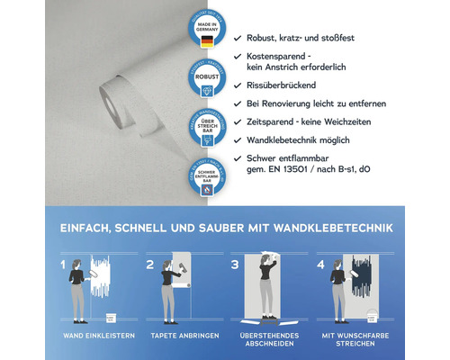 Tapetenrolle mit Produkteigenschaften und Anwendungsanleitung für Wandklebetechnik