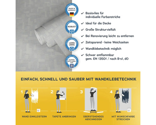 Tapetenrolle mit Hinweisen zu Produkteigenschaften und Verarbeitungstechnik.