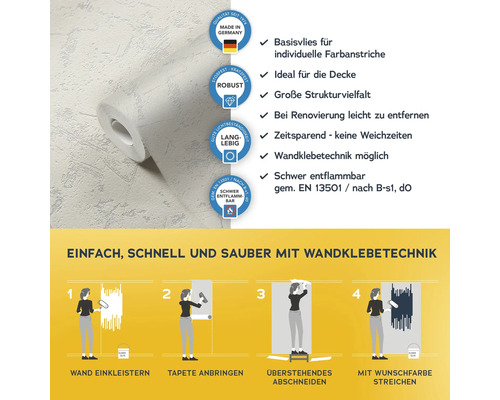Tapetenrolle mit Qualitätsmerkmalen und Verarbeitungshinweisen für Wandklebetechnik