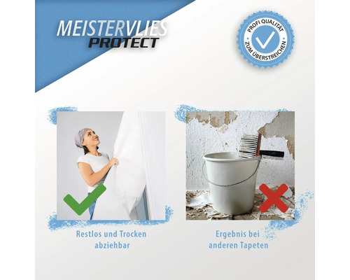 Meistervlies Protect Produktmerkmale: restlos trocken abziehbar, Profi Qualität zum Überstreichen, Ergebnis bei anderen Tapeten
