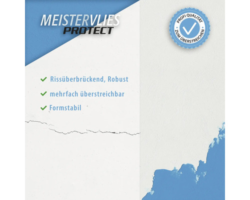 Meistervlies Protect mit den Eigenschaften: Rissüberbrückend, Robust, mehrfach überstreichbar und Formstabil.