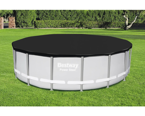 Aufblasbarer runder Bestway Pool mit Abdeckung im Garten.