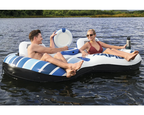 Aufblasbare Badeinsel für zwei Personen auf dem Wasser mit integrierter Kühlbox und Getränkehalter
