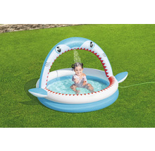 Aufblasbares Planschbecken mit Hai-Design und Wassersprüher im Garten