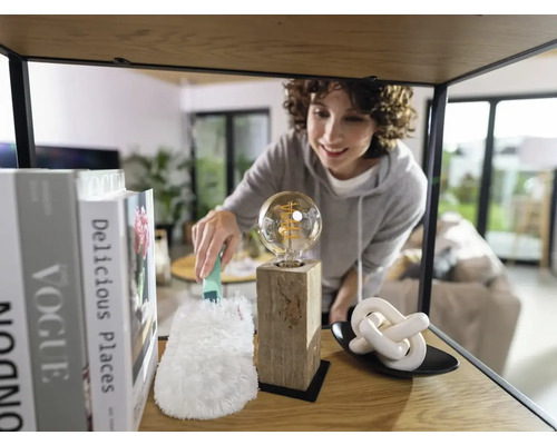 Frau staubt Glühbirne auf einem Regal ab