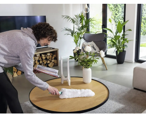 Frau wischt Staub vom Wohnzimmertisch mit einem Staubwedel. Im Hintergrund stehen Pflanzen und ein Sessel.