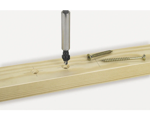 Holzbrett mit Senkbohrer und Schrauben