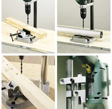 Verschiedene Ansichten einer Bohrmaschine mit Bohrständer beim Bearbeiten von Holz und Metall.