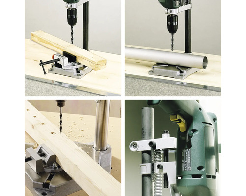 Verschiedene Ansichten einer Bohrmaschine mit Bohrständer beim Bearbeiten von Holz und Metall.