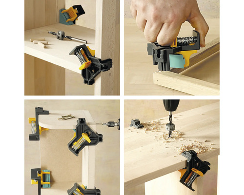 Mehrfachansicht von Eckspannzwingen im Einsatz zum Fixieren von Holz für Heimwerkerarbeiten